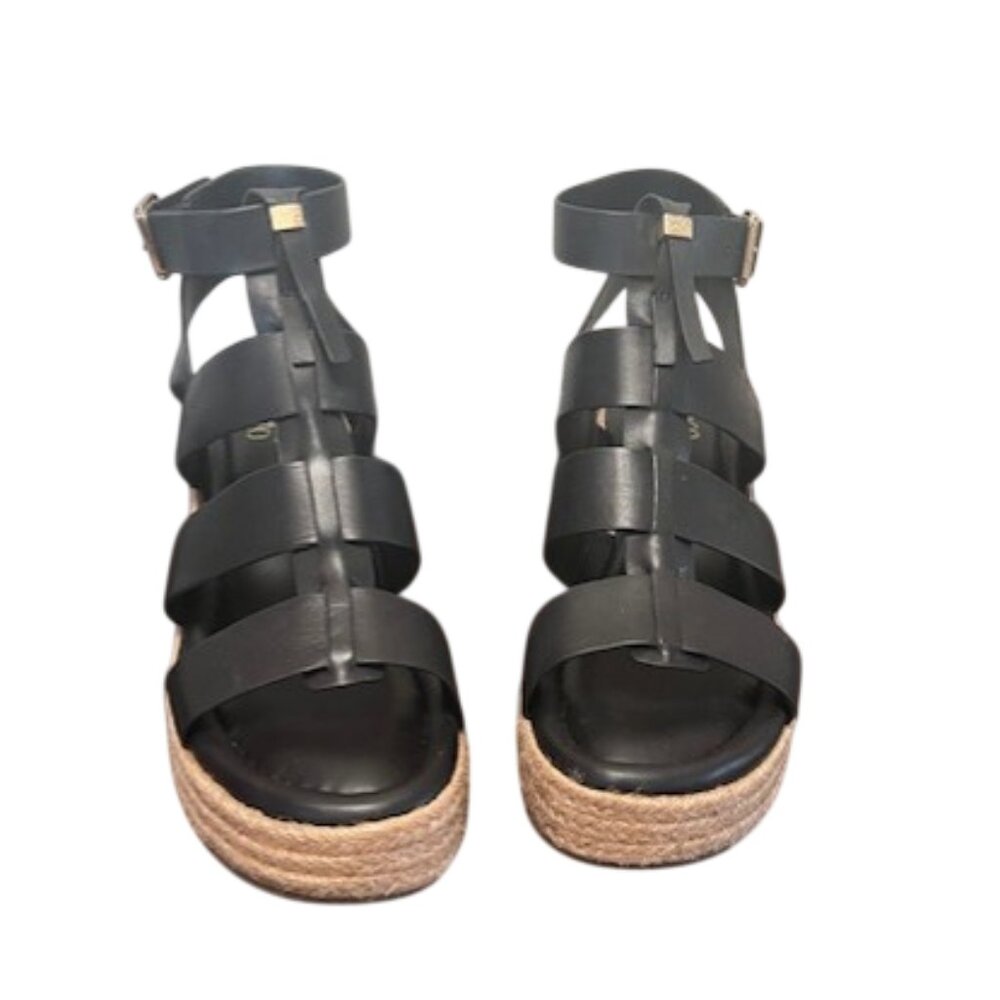 FRANCO SARTO Wedge Sandals Size 9.5 Black Leather Adjustable Buckle Strap - Picture 2 of 5